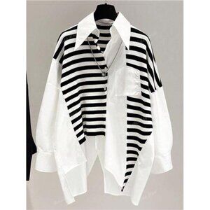 Women's Regular Fit Striped Color Block Dolman Sleeve Button Down Collared